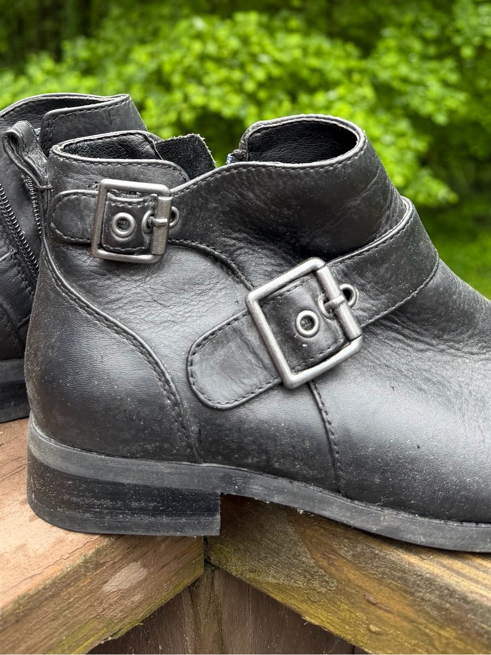 Women's Black Leather Buckle Ankle Boots